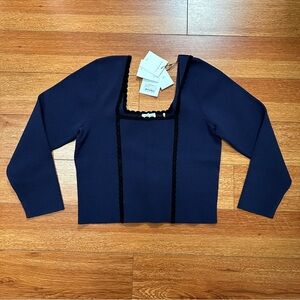NWT SANDRO Paris Crop Square Neck Sweater NAVY BLUE, Size 4